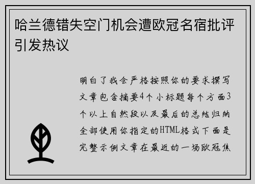 哈兰德错失空门机会遭欧冠名宿批评引发热议 哈兰德错失空门机会遭欧冠名宿批评引发热议