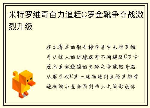米特罗维奇奋力追赶C罗金靴争夺战激烈升级 米特罗维奇奋力追赶C罗金靴争夺战激烈升级